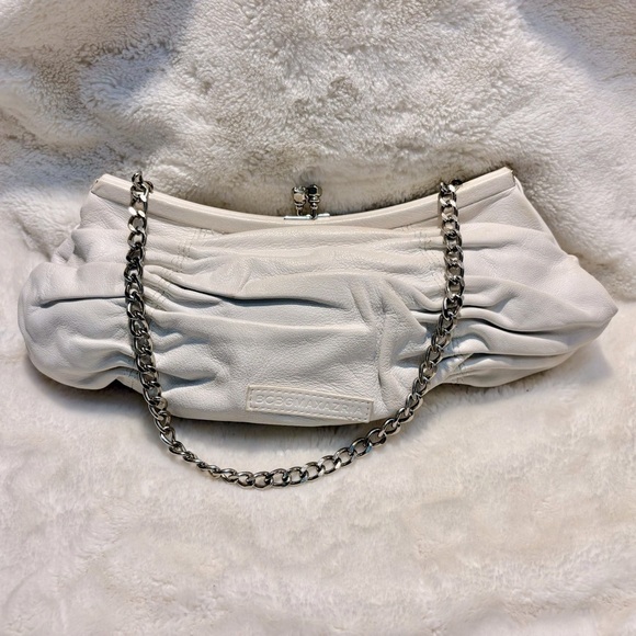 BCBGMaxAzria Purse Cream Vintage Puckered Clutch Silver Chain Kisslock Crystals - Picture 1 of 13
